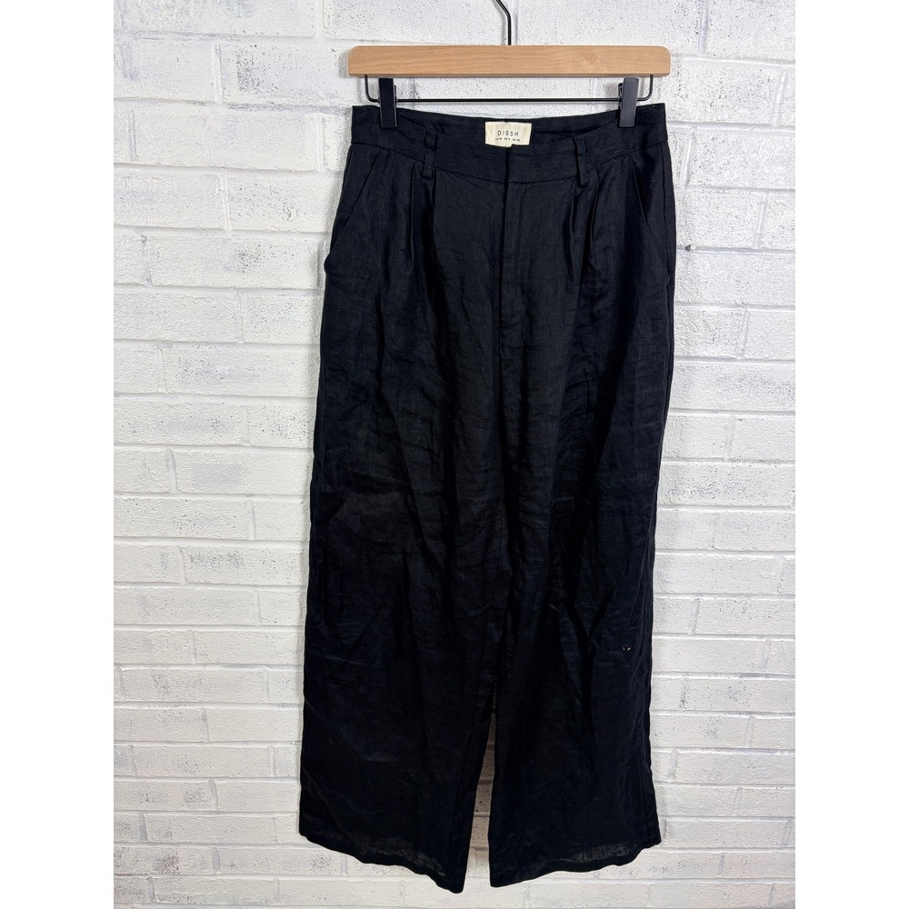 DISSH Wide Leg Pants Womens 6 Black Linen Pleated High Waist Trousers FLAW